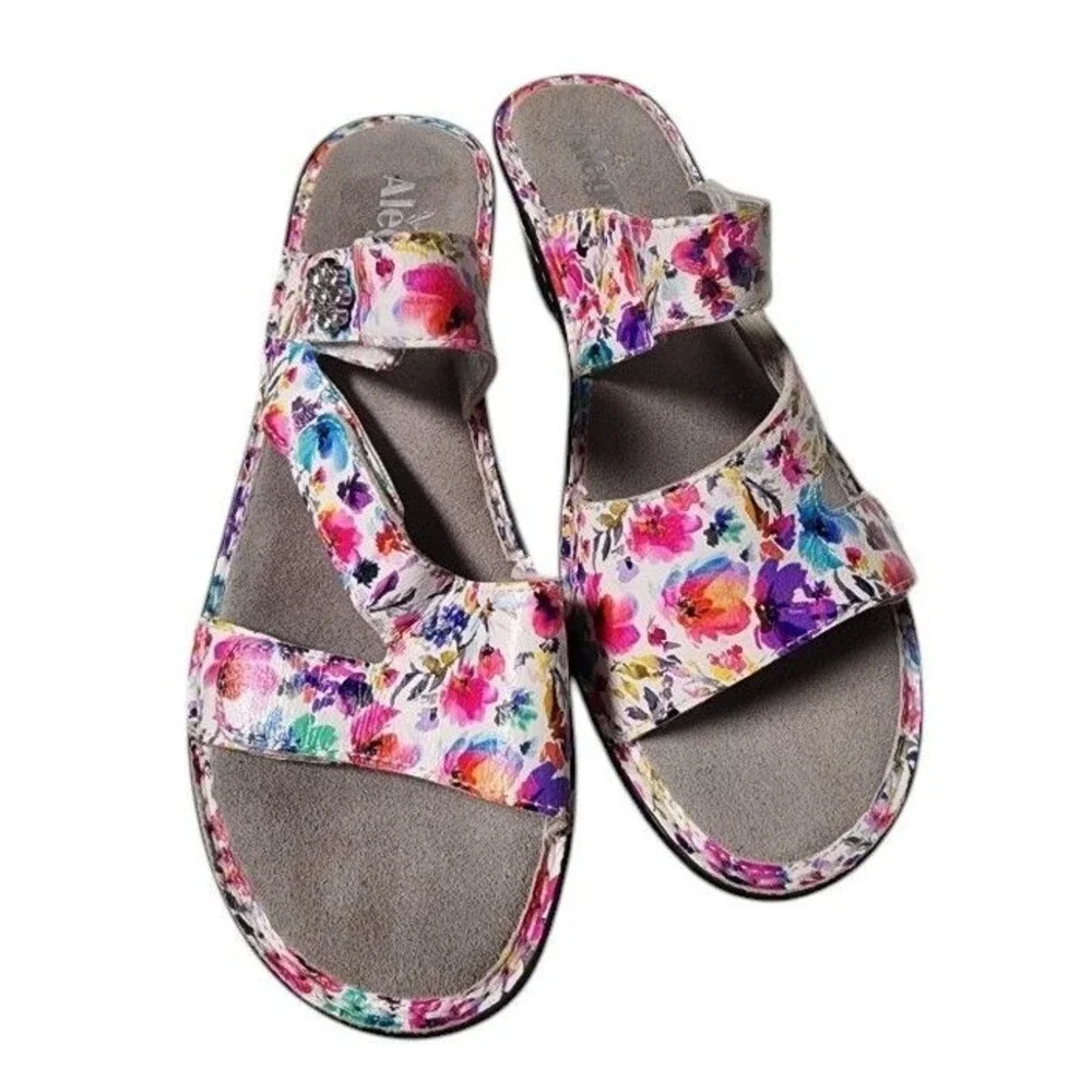 Alegria Loti Wedge Slide Sandals Floral Comfort EU 42 Leather Rhinestone Flower